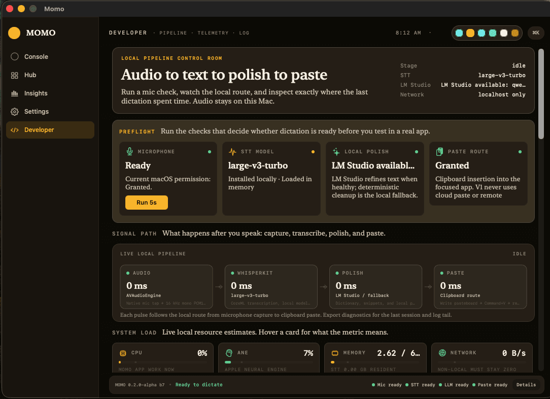 Developer pipeline screen from the Momo local first voice experiment