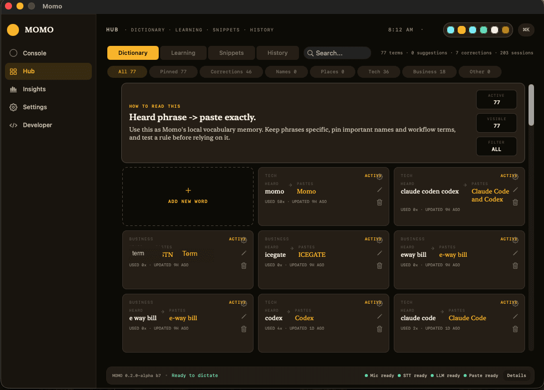 Hub and dictionary screen from the Momo local first voice experiment