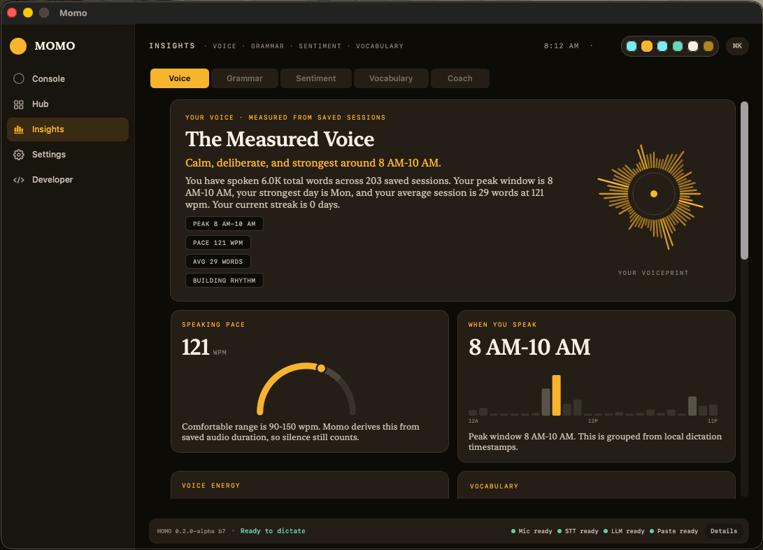 Voice insights screen from the Momo local first voice experiment