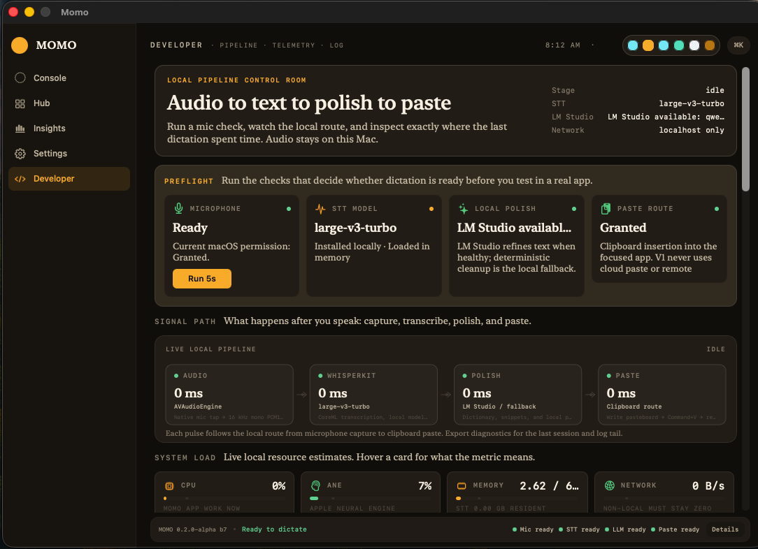 Developer pipeline screen from the Momo local first voice experiment
