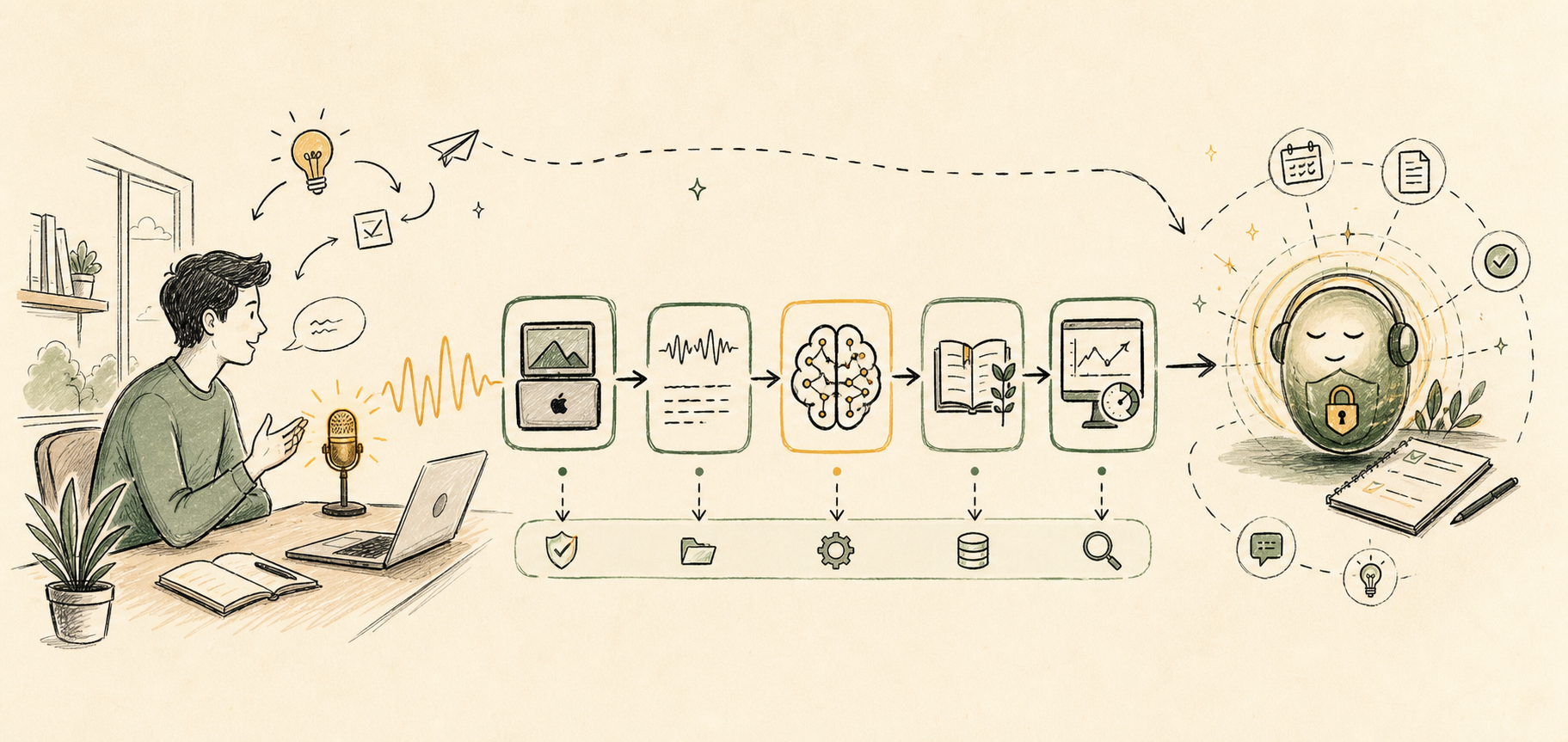 Sketch illustration of a local voice assistant moving from speech to local processing to a private assistant
