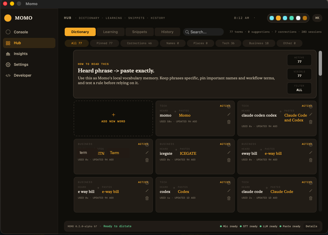 Hub and dictionary screen from the Momo local first voice experiment