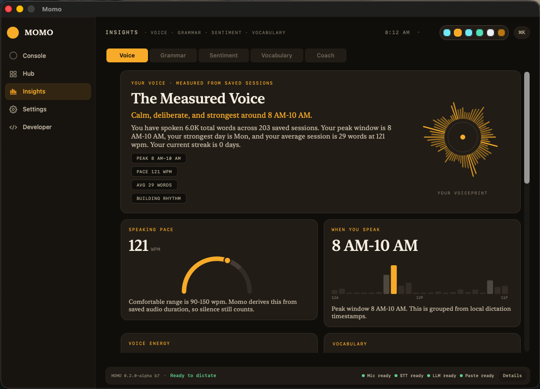 Voice insights screen from the Momo local first voice experiment